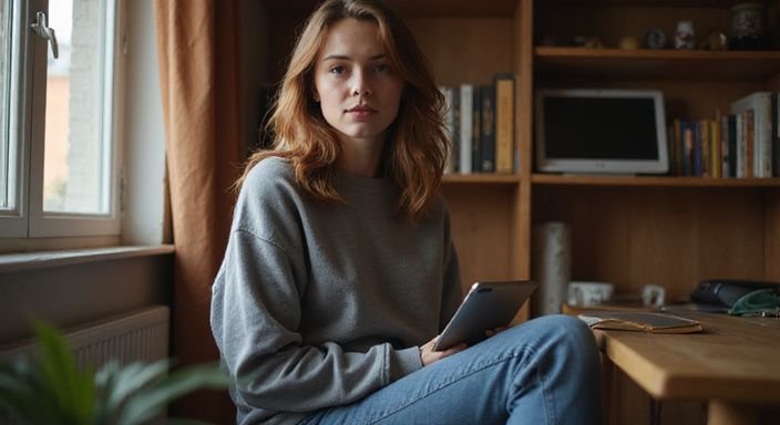 A young woman engages in a video call in a cosy room. A young woman engages in a video call in a cosy room.
