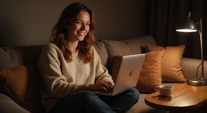 A woman enjoys a warm moment with her laptop and tea. Flirt with webcamgirls: A woman enjoys a warm moment with her laptop and tea.