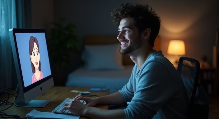 A young man smiles while chatting with a woman online. A young man smiles while chatting with a woman online.