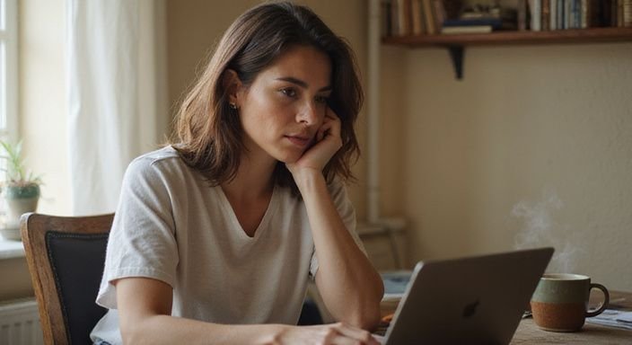 A woman focused on her laptop in a home office looking for Sexcontact Austria.