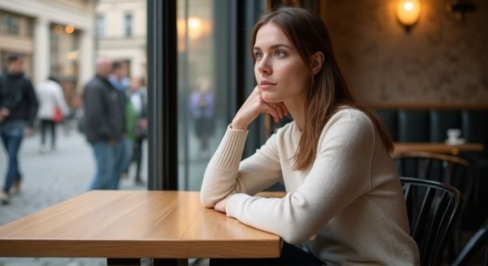 A thoughtful woman enjoys a moment at a Viennese restaurant and want Sexcontact Austria.