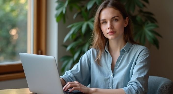 Sexcontact Austria: A woman thoughtfully engages with a laptop displaying sex work services.