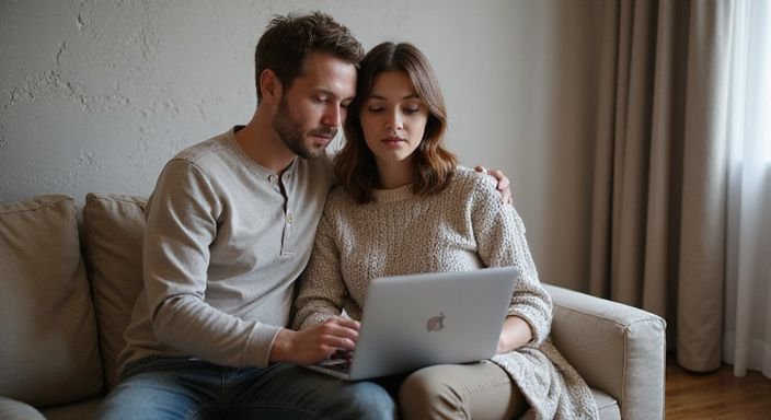 A couple focuses on a laptop together on a cosy sofa looking for sexcontact in Austria.
