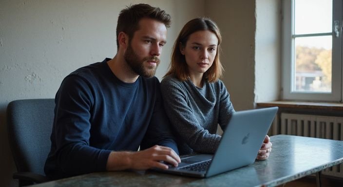 A couple collaborates intently at a sleek desk, immersed in work.