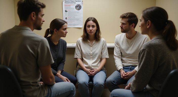 A woman receives a health check, surrounded by supportive colleagues.