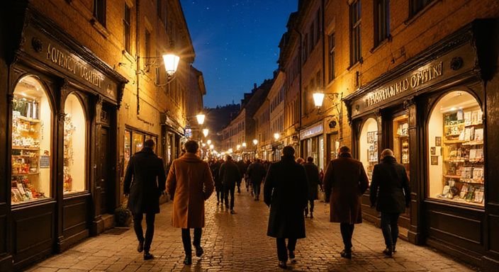 A lively Austrian street scene with charming shopfronts and pedestrians.