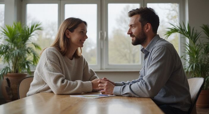 A woman and man engage in conversation at a sleek desk.