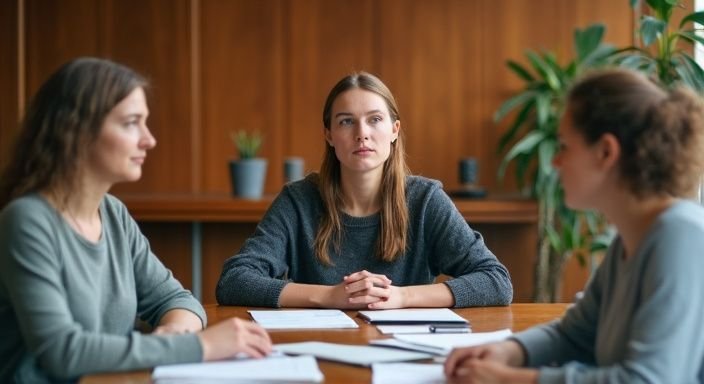 A diverse group of adults engaged in a casual work gathering.