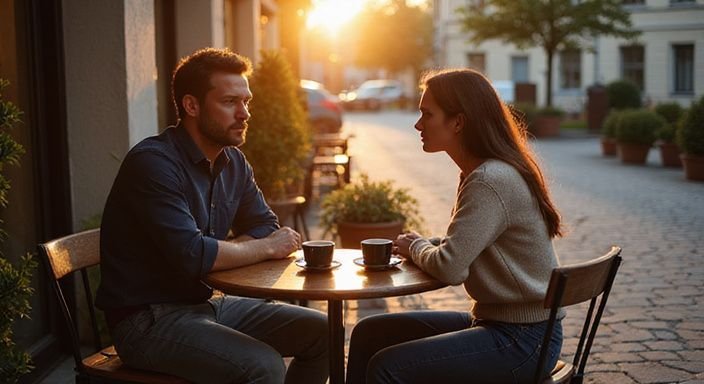 Sexcontact Austria: A tense conversation unfolds between two adults at an outdoor café.