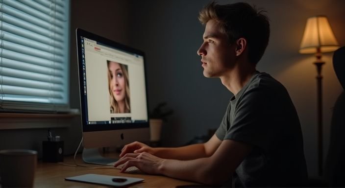 An individual browses a dating website for Sexcontact Belgium in a cosy private room.
