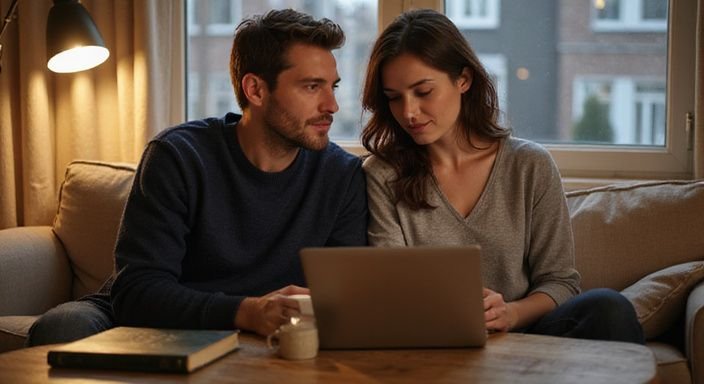 A couple engages thoughtfully with a laptop in a cosy living room.