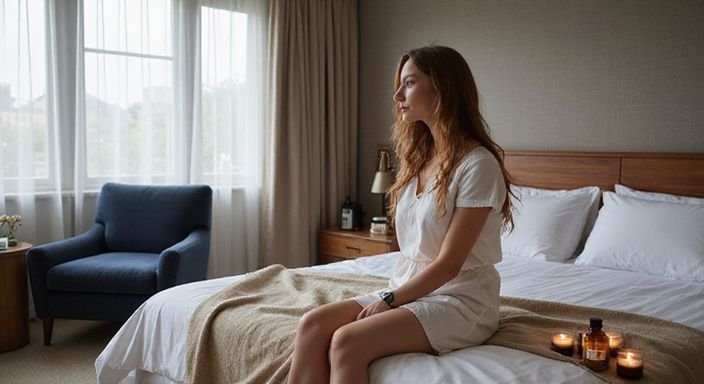 A serene woman relaxes in a luxurious hotel room in Antwerp