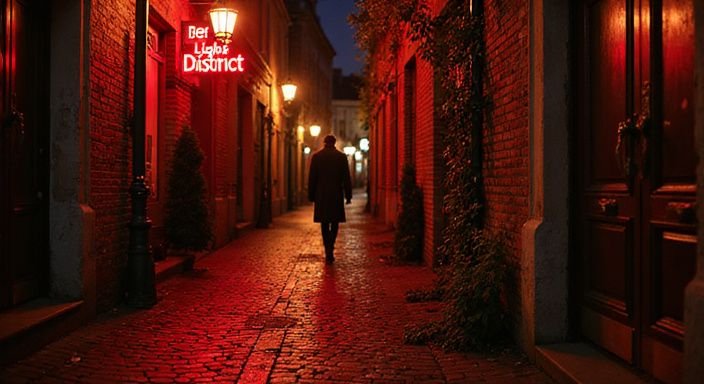 Nighttime cobblestone street in Antwerp with vintage lamps and neon signs.