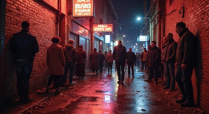 A lively urban alleyway bustling with people at night.
