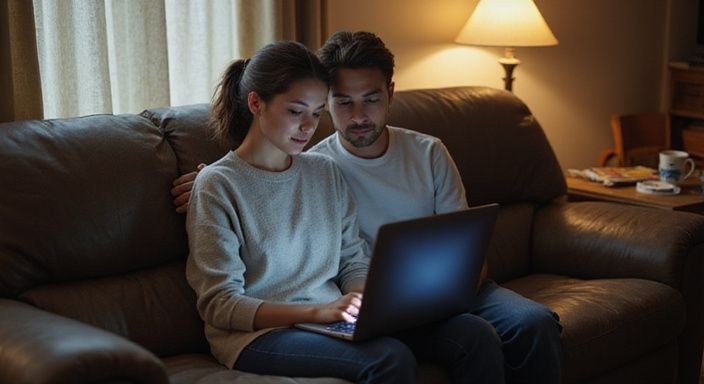 A couple closely examines a dating website for Sexcontact in Belgium on a laptop.