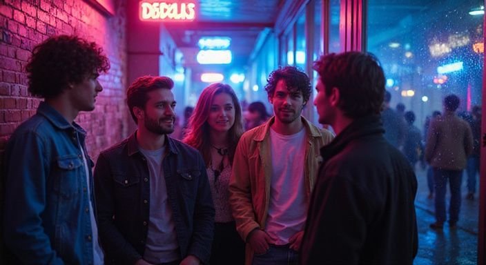 A lively group of friends gathers outside a bustling Antwerp nightclub.