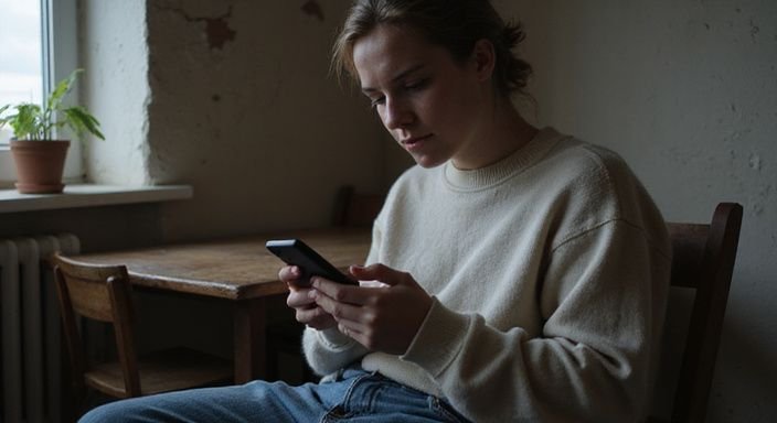 A person navigates online dating in a modest, intimate room searchin gfor Sexcontact Germany.