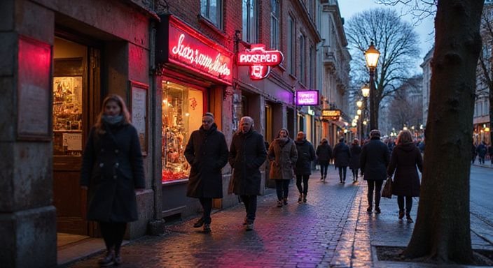 A narrow Berlin street features neon signs and pedestrians during dusk.