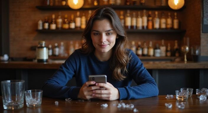 A young woman enjoys a quiet moment at a bar.