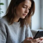 A woman engages with her smartphone in a minimalist indoor setting