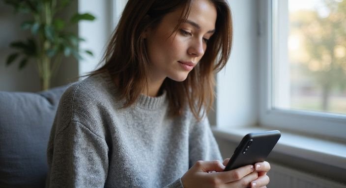 A woman engages with her smartphone in a minimalist indoor setting lloking for Sexcontact Germany.