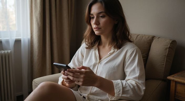 A young escort girl in a hotel room focused on her smartphone.
