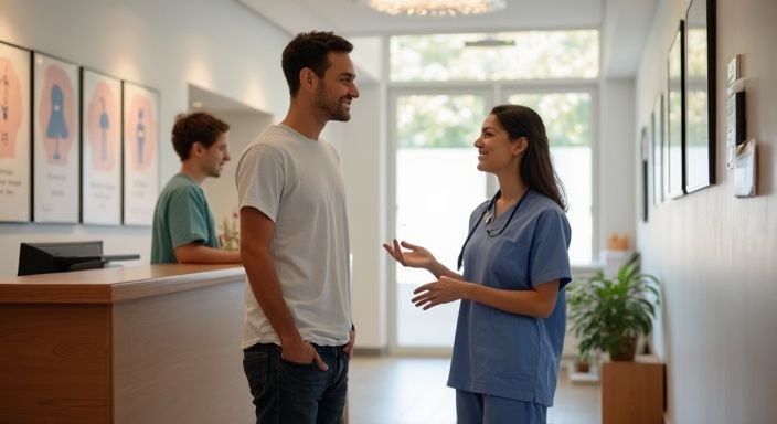 A young adult receives friendly support at a sexual health clinic.