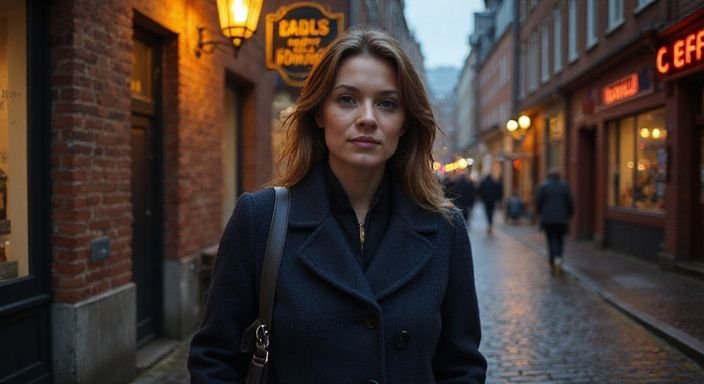 A woman walks reflectively through Hamburg's historic red light district looking for Sexcontact Germany.
