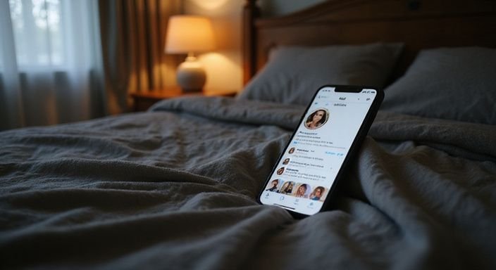 A smartphone displays a discreet encounter app in a cozy bedroom with profiles from Sexcontact Germany.