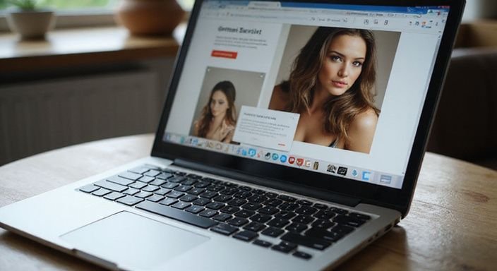 A laptop displays German escort service websites on a wooden desk.