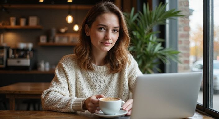 A woman enjoys coffee while working on her laptop at a cafe.