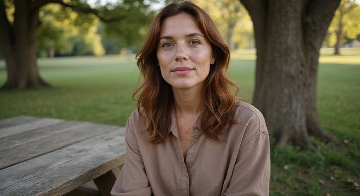 A relaxed woman enjoys an intimate outdoor gathering, exuding warmth.