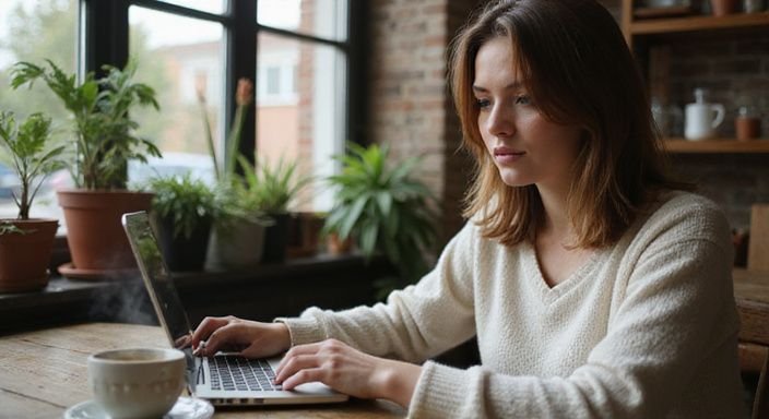 A young woman reviews online dating profiles for Sexcontact Netherlands in a cozy café.