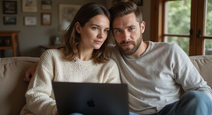 A couple engages closely while exploring a dating website together.