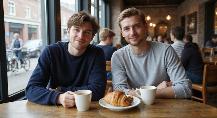 Two friends enjoy conversation over coffee in a lively café.