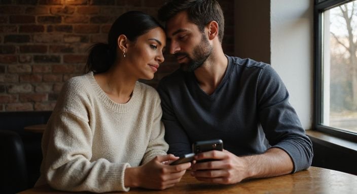 Sexcontact Netherlands: A couple shares a quiet moment while using a dating app.