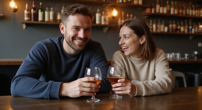 A couple enjoys whiskey and laughter at a cozy bar.