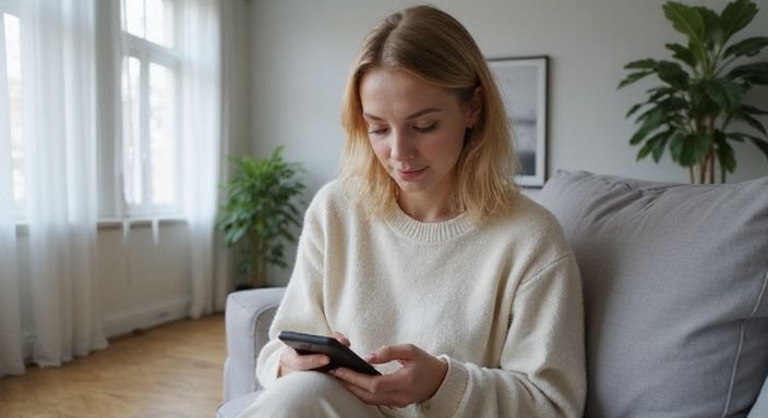 A woman in a sweater scrolls through a dating app on her phone.