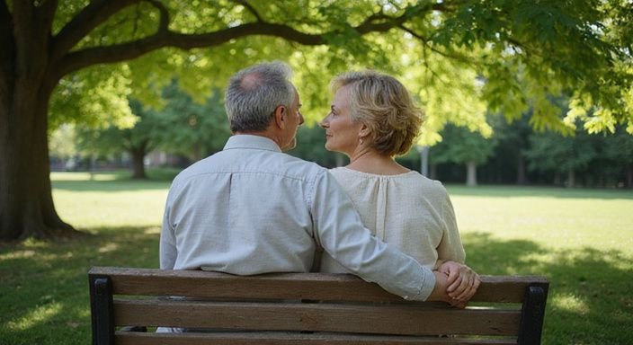 A middle-aged couple enjoys an intimate conversation on a park bench.