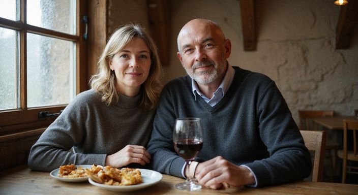 A couple enjoys a rustic meal together in a cosy restaurant.
