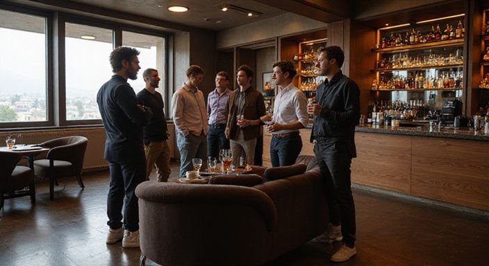 A sophisticated upscale erotic club scene with engaged, relaxed guests.