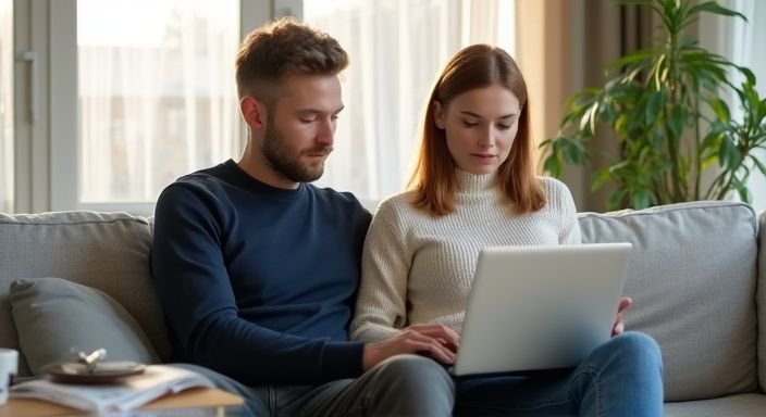 A couple collaborates on a laptop in a stylish apartment searching for Sexcontact Switserland.