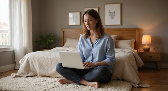 A woman sits cross-legged, focused on her laptop in a cozy bedroom.