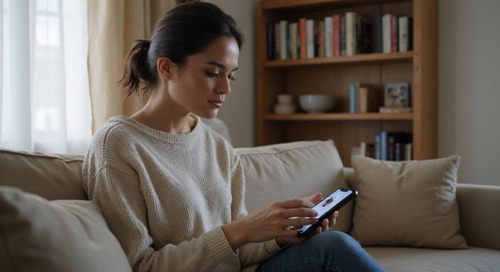 A young woman engages with a dating app for Sexcontact Switserland on her smartphone.
