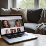A serene living room with a laptop displaying escort profiles