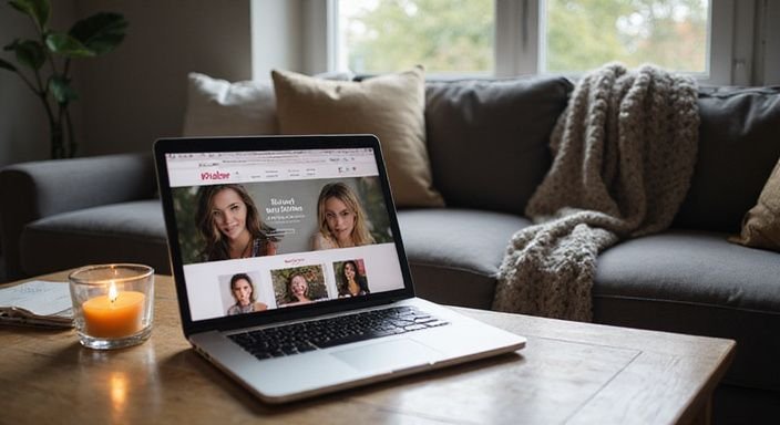 A serene living room with a laptop displaying escort profiles