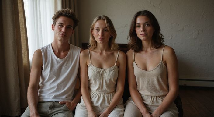 A group of adult models relaxed in a warmly styled room