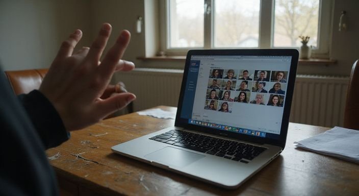 A person anxiously prepares for a video call on their laptop. Webcamsex Europe: A person anxiously prepares for a video call on their laptop.