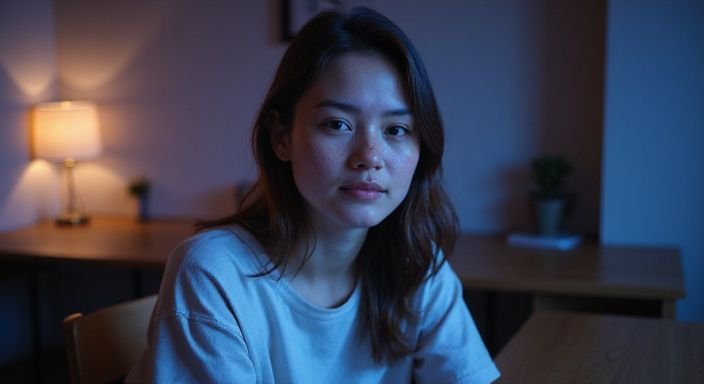 A young woman relaxes in a chair, engaged in a webcam conversation. A young woman relaxes in a chair, engaged in a webcam conversation.