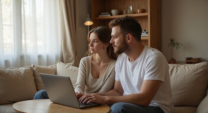 A young couple sits closely together, focused on a laptop. A young couple sits closely together, focused on a laptop.